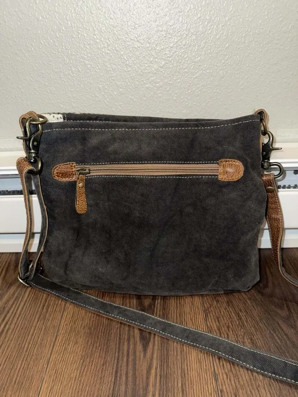 Myra Bag Gray Ivory Bold Triangle Tapestry Animal Hair Leather Crossbody